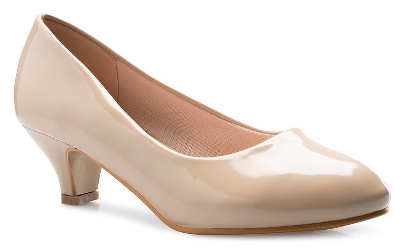 Olivia K Womens Classic Closed Toe Kitten Heel Pumps | Dress, Work, Party Low Heeled (Beige Patent*, 7) - Image 1